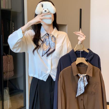 FA40720# 秋季新款韩版宽松领带短款长袖衬衫女设计感通勤简约 服裝批發女裝批發服飾貨源