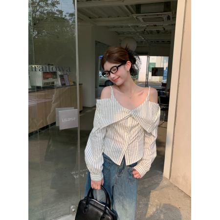FA40721# 新款设计感一字肩吊带条纹衬衫女长袖短款收腰上衣女 服裝批發女裝批發服飾貨源