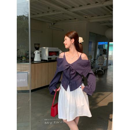 FA40721# 新款设计感一字肩吊带条纹衬衫女长袖短款收腰上衣女 服裝批發女裝批發服飾貨源