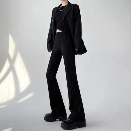 FA40722# 黑色微喇弹力西裤女秋季新款小个子高腰马蹄喇叭裤 服裝批發女裝批發服飾貨源