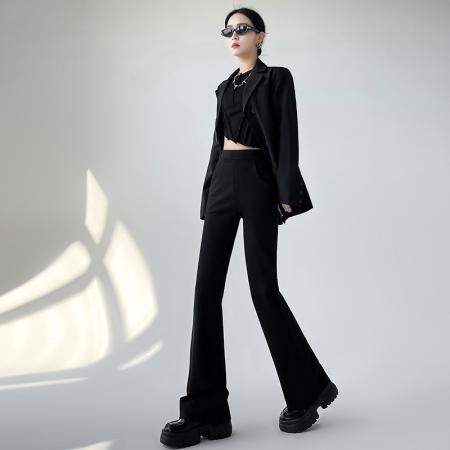 FA40722# 黑色微喇弹力西裤女秋季新款小个子高腰马蹄喇叭裤 服裝批發女裝批發服飾貨源