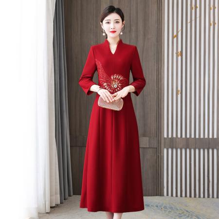 FA40727# 婚礼礼服旗袍改良版女红色连衣裙气质高贵喜婚宴装 服裝批發女裝批發服飾貨源
