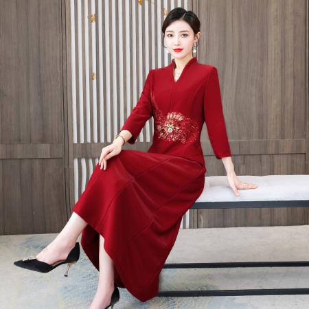 FA40727# 婚礼礼服旗袍改良版女红色连衣裙气质高贵喜婚宴装 服裝批發女裝批發服飾貨源