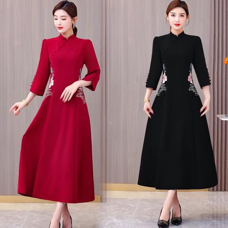 FA40732# 中式斜襟刺绣国风茶服连衣裙款婚宴装高级感喜装 服裝批發女裝批發服飾貨源