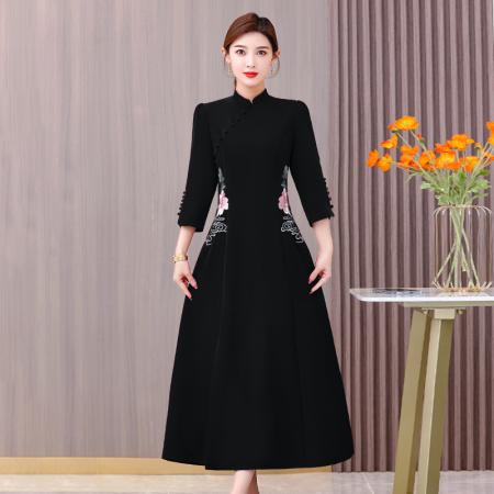 FA40732# 中式斜襟刺绣国风茶服连衣裙款婚宴装高级感喜装 服裝批發女裝批發服飾貨源
