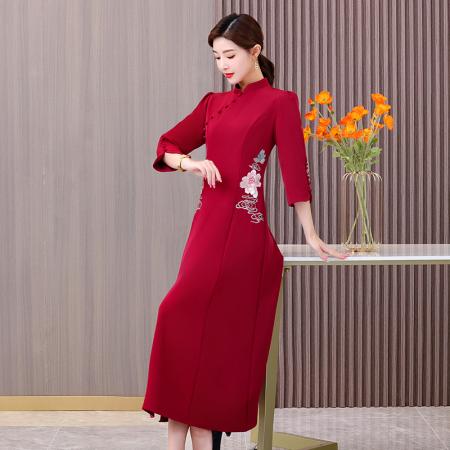 FA40732# 中式斜襟刺绣国风茶服连衣裙款婚宴装高级感喜装 服裝批發女裝批發服飾貨源