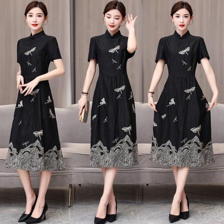 FA40736# 香云纱连衣裙女夏季高端新款刺绣龟纹桑蚕丝真丝气质修身 服裝批發女裝批發服飾貨源