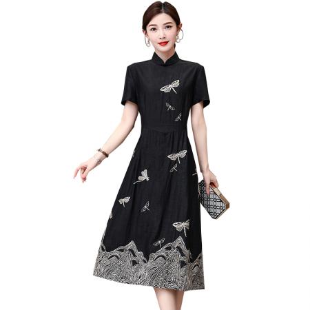 FA40736# 香云纱连衣裙女夏季高端新款刺绣龟纹桑蚕丝真丝气质修身 服裝批發女裝批發服飾貨源