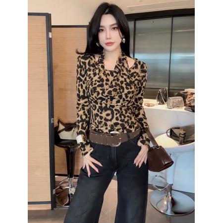 FA40746# 欧货假两件挂脖豹纹T恤女秋季新覆古设计感气质显瘦百搭长袖上衣 服裝批發女裝批發服飾貨源