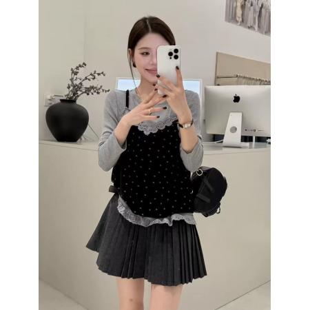 FA40747# 高级感气质套装女秋季新款蕾丝拼接吊带背心长袖T恤两件套潮 服裝批發女裝批發服飾貨源