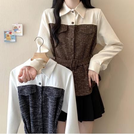 FA40750# 大码女装秋季新款胖妹妹针织拼接Polo领气质收腰长袖上衣 服裝批發女裝批發服飾貨源