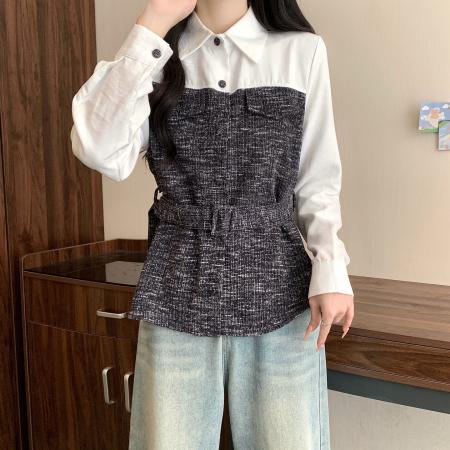 FA40750# 大码女装秋季新款胖妹妹针织拼接Polo领气质收腰长袖上衣 服裝批發女裝批發服飾貨源