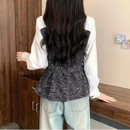 FA40750# 大码女装秋季新款胖妹妹针织拼接Polo领气质收腰长袖上衣 服裝批發女裝批發服飾貨源