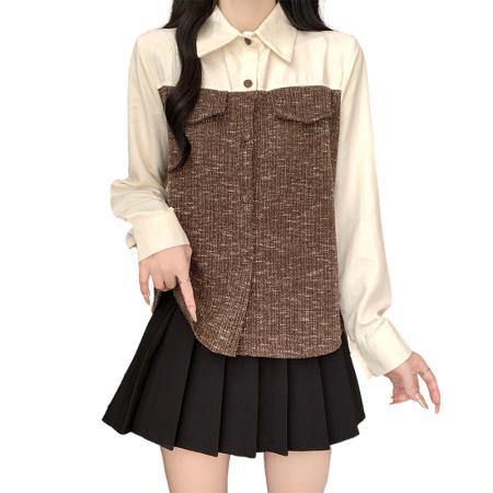 FA40750# 大码女装秋季新款胖妹妹针织拼接Polo领气质收腰长袖上衣 服裝批發女裝批發服飾貨源