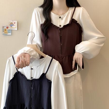 FA40751# 大码女装秋季新款胖mm拼接木耳边假两件宽松遮肉长袖上衣 服裝批發女裝批發服飾貨源