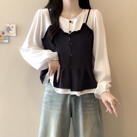 FA40751# 大码女装秋季新款胖mm拼接木耳边假两件宽松遮肉长袖上衣 服裝批發女裝批發服飾貨源