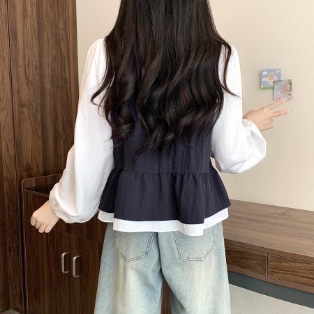 FA40751# 大码女装秋季新款胖mm拼接木耳边假两件宽松遮肉长袖上衣 服裝批發女裝批發服飾貨源