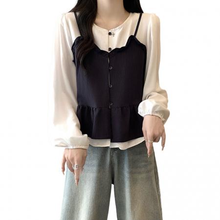 FA40751# 大码女装秋季新款胖mm拼接木耳边假两件宽松遮肉长袖上衣 服裝批發女裝批發服飾貨源