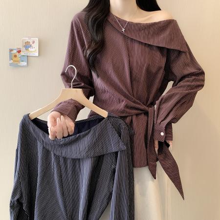 FA40752# 大码女装秋季新款胖mm气质简约条纹露肩绑带收腰长袖上衣 服裝批發女裝批發服飾貨源