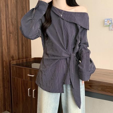 FA40752# 大码女装秋季新款胖mm气质简约条纹露肩绑带收腰长袖上衣 服裝批發女裝批發服飾貨源
