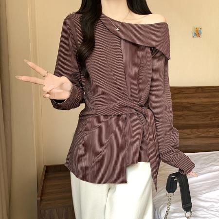 FA40752# 大码女装秋季新款胖mm气质简约条纹露肩绑带收腰长袖上衣 服裝批發女裝批發服飾貨源