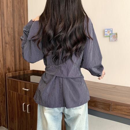 FA40752# 大码女装秋季新款胖mm气质简约条纹露肩绑带收腰长袖上衣 服裝批發女裝批發服飾貨源