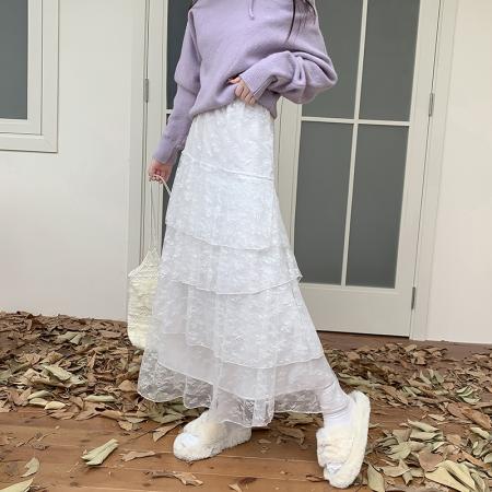 FA40755# 白色重工蕾丝拼接蛋糕裙女秋宽松长款半身裙设计感裙子 服裝批發女裝批發服飾貨源