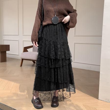 FA40755# 白色重工蕾丝拼接蛋糕裙女秋宽松长款半身裙设计感裙子 服裝批發女裝批發服飾貨源