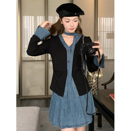 FA40758# 设计感牛仔拼接时尚套装裙女春法式高级感开衫半身短裙两件套 服裝批發女裝批發服飾貨源