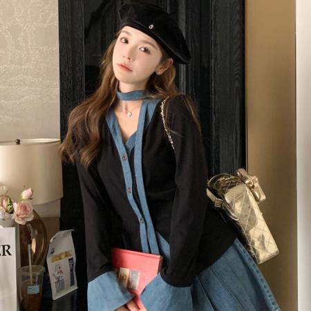 FA40758# 设计感牛仔拼接时尚套装裙女春法式高级感开衫半身短裙两件套 服裝批發女裝批發服飾貨源