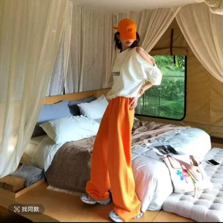 FA40760# 李婉君秋季休闲风长袖露肩圆领宽松显瘦上衣+y弯刀裤 服裝批發女裝批發服飾貨源