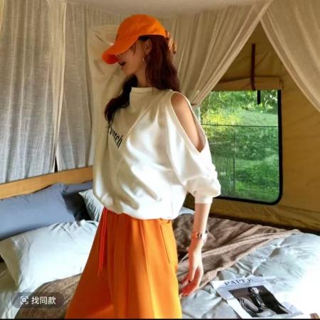 FA40760# 李婉君秋季休闲风长袖露肩圆领宽松显瘦上衣+y弯刀裤 服裝批發女裝批發服飾貨源