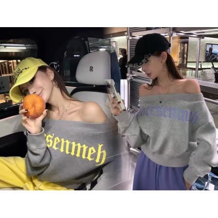FA40762# 李婉君四穿上衣秋季韩版时尚印花一字肩斜肩卫衣+裤子 服裝批發女裝批發服飾貨源
