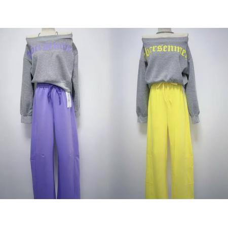 FA40762# 李婉君四穿上衣秋季韩版时尚印花一字肩斜肩卫衣+裤子 服裝批發女裝批發服飾貨源