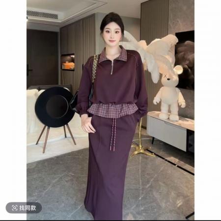 FA40763# 早秋新款格纹减龄翻领气质上衣+半身裙时尚套装 服裝批發女裝批發服飾貨源