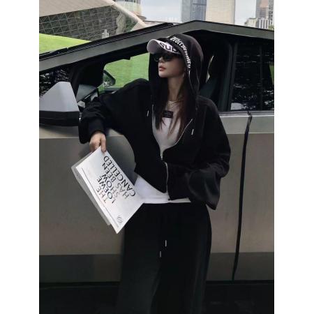 FA40764# 美式复古黑色卫衣秋季休闲慵懒感长袖连帽印花短款上衣外套+裤子 服裝批發女裝批發服飾貨源