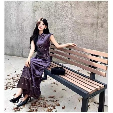 FA40765# 新中式改良版旗袍连衣裙女秋新款收腰修身日常穿搭长裙长 服裝批發女裝批發服飾貨源