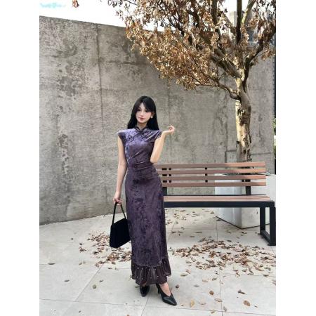 FA40765# 新中式改良版旗袍连衣裙女秋新款收腰修身日常穿搭长裙长 服裝批發女裝批發服飾貨源