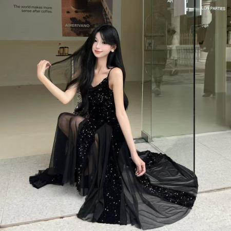 FA40766# 法式吊带连衣裙女秋新款性感丝绒鱼尾气质亮片晚礼服裙子 服裝批發女裝批發服飾貨源