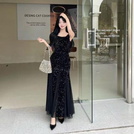 FA40766# 法式吊带连衣裙女秋新款性感丝绒鱼尾气质亮片晚礼服裙子 服裝批發女裝批發服飾貨源