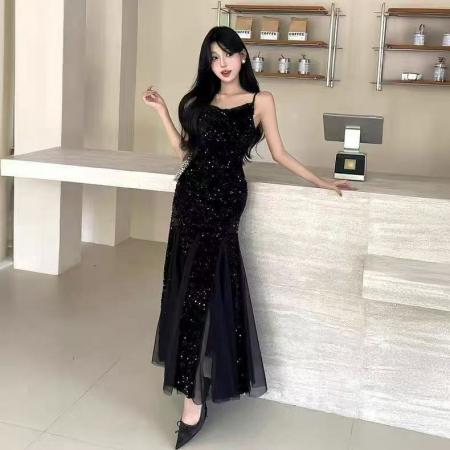 FA40766# 法式吊带连衣裙女秋新款性感丝绒鱼尾气质亮片晚礼服裙子 服裝批發女裝批發服飾貨源