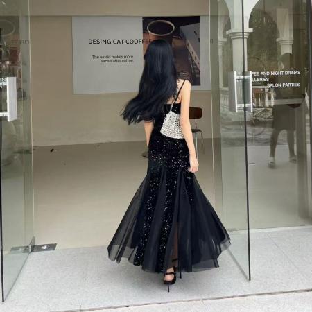 FA40766# 法式吊带连衣裙女秋新款性感丝绒鱼尾气质亮片晚礼服裙子 服裝批發女裝批發服飾貨源