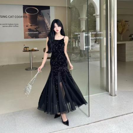 FA40766# 法式吊带连衣裙女秋新款性感丝绒鱼尾气质亮片晚礼服裙子 服裝批發女裝批發服飾貨源