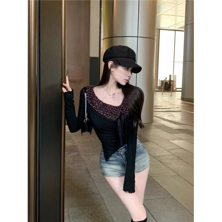 FA40771# 纯欲战神不规则修身长袖上衣女性感辣妹短款T恤 服裝批發女裝批發服飾貨源