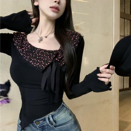 FA40771# 纯欲战神不规则修身长袖上衣女性感辣妹短款T恤 服裝批發女裝批發服飾貨源
