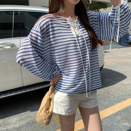 FA40772# 图高级感抽绳系带条纹长袖针织衫女新款宽松显瘦气质上衣 服裝批發女裝批發服飾貨源