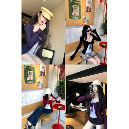 FA40775# 纯欲辣妹拼接假两件叠穿立体花朵修身显瘦长袖T恤打底衫 服裝批發女裝批發服飾貨源