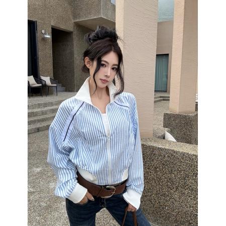 FA40777# 时髦复古拼接撞色条纹高领落肩短款夹克外套设薄款上衣 服裝批發女裝批發服飾貨源