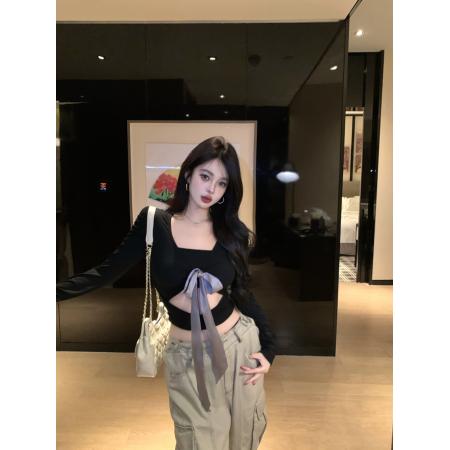 FA40778# 性感辣妹V领绑带拼接不规则修身显瘦长袖T恤设计感打底衫 服裝批發女裝批發服飾貨源