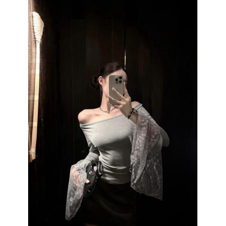 FA40779# 秋季纯欲性感辣妹风袖子蕾丝扇形喇叭袖修身显瘦上衣 服裝批發女裝批發服飾貨源